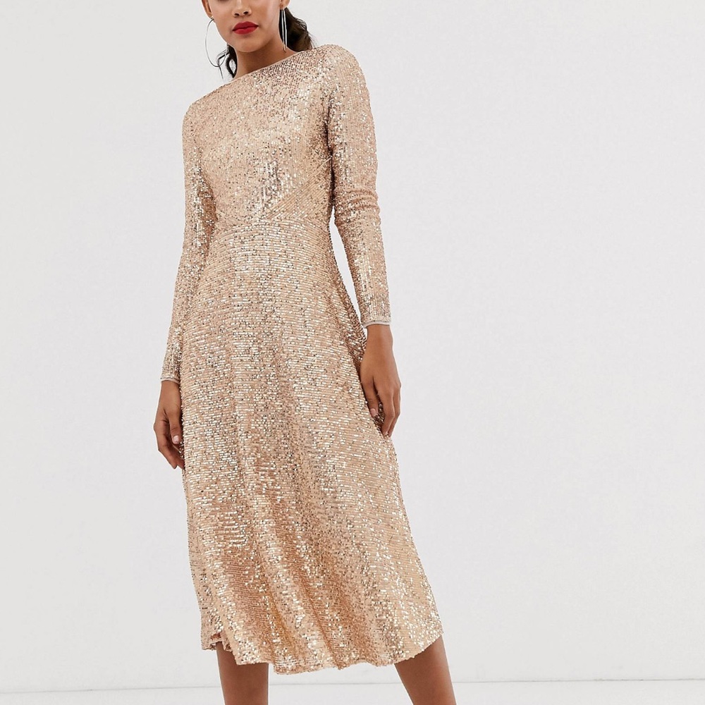 TFNC A-line sequin midi dress in rose gold